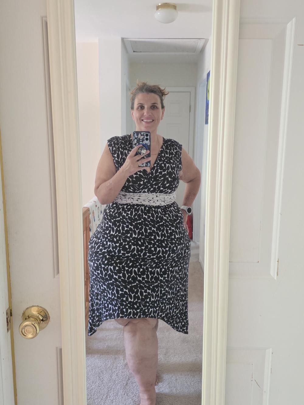 New York & Company Black and White Printed V-Neck Cap-Sleeve Midi Dress